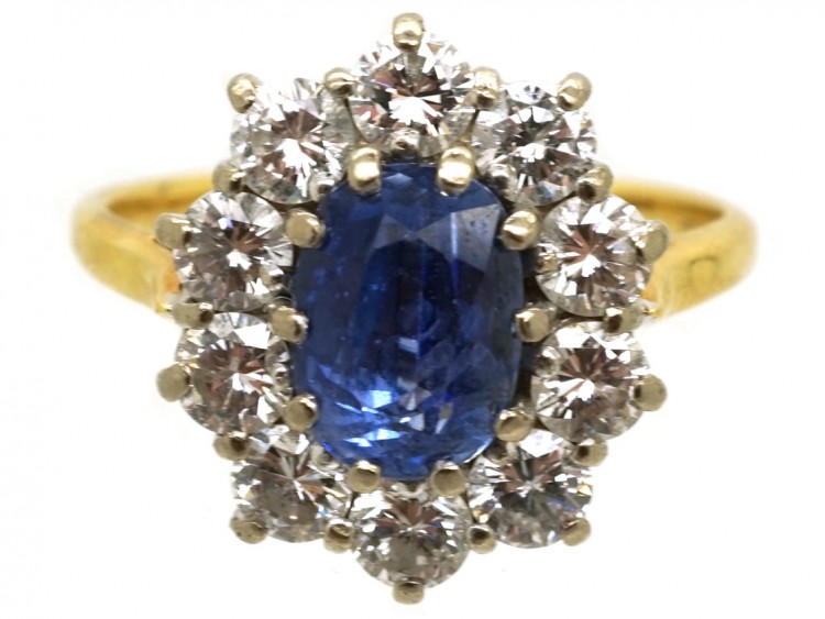 18ct Gold, Ceylon Sapphire & Diamond Oval Cluster Ring