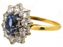 18ct Gold, Ceylon Sapphire & Diamond Oval Cluster Ring