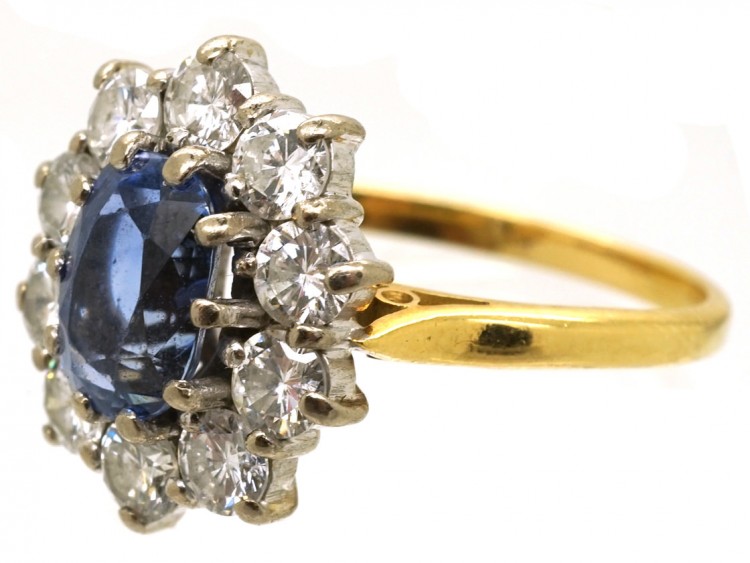 18ct Gold, Ceylon Sapphire & Diamond Oval Cluster Ring