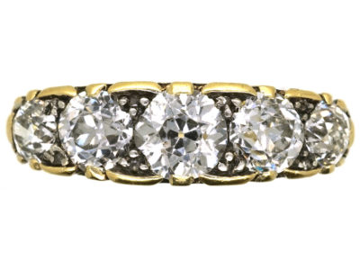 Victorian 18ct Gold Five Stone Diamond Carved Half Hoop Ring