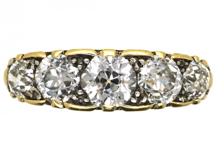 Victorian 18ct Gold Five Stone Diamond Carved Half Hoop Ring