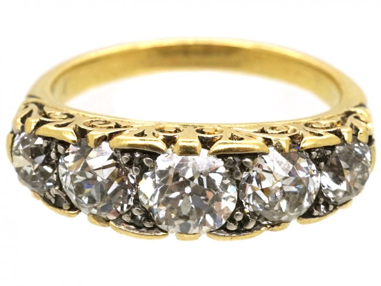 Victorian 18ct Gold Five Stone Diamond Carved Half Hoop Ring