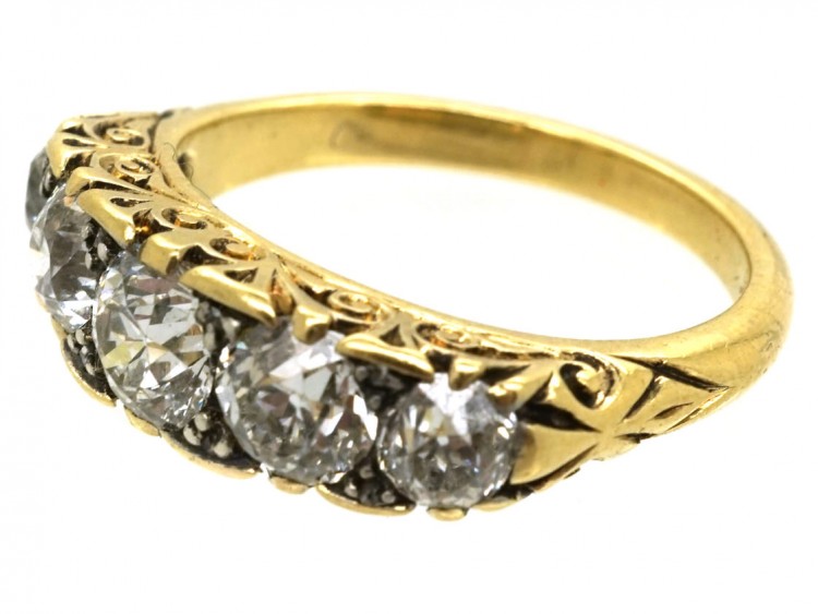 Victorian 18ct Gold Five Stone Diamond Carved Half Hoop Ring