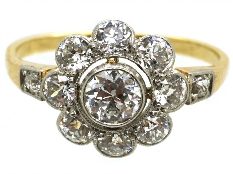 Early 20th Century 14ct White Gold Diamond Cluster Ring With Diamond Shoulders