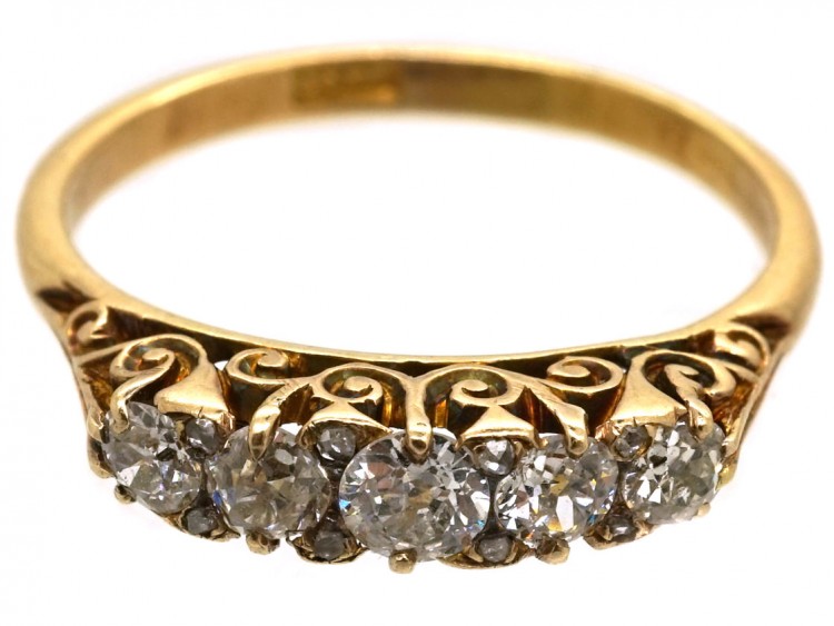 Victorian 18ct Gold, Five Stone Diamond Carved Half Hoop Ring