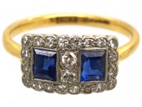Art Deco 18ct Gold & Platinum, Sapphire & Diamond Two Square Ring