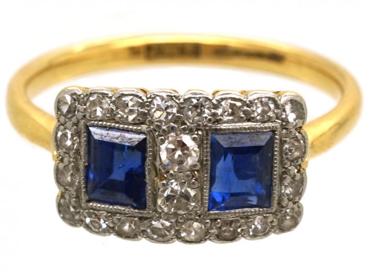 Art Deco 18ct Gold & Platinum, Sapphire & Diamond Two Square Ring