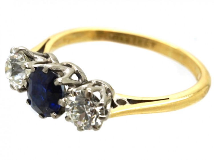 18ct Gold & Platinum, Three Stone Sapphire & Diamond Ring