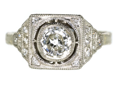 French Platinum Art Deco Square Set Diamond Target Ring