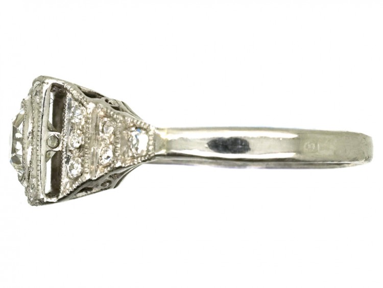 French Platinum Art Deco Square Set Diamond Target Ring