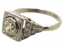 French Platinum Art Deco Square Set Diamond Target Ring