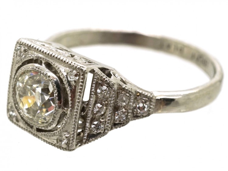 French Platinum Art Deco Square Set Diamond Target Ring