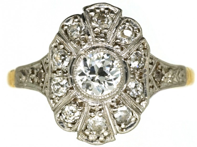 Art Deco Oval Diamond Cluster Ring With Diamond Shoulders
