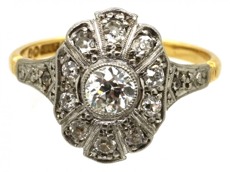 Art Deco Oval Diamond Cluster Ring With Diamond Shoulders
