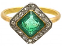Art Deco 18ct Gold & Platinum, Emerald & Diamond, Diamond Shaped Ring