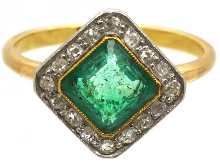 Art Deco 18ct Gold & Platinum, Emerald & Diamond, Diamond Shaped Ring