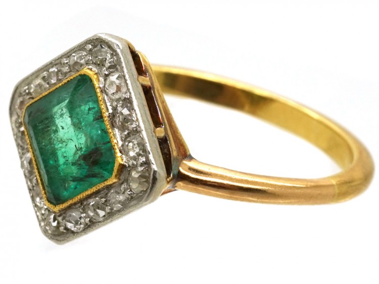Art Deco 18ct Gold & Platinum, Emerald & Diamond, Diamond Shaped Ring
