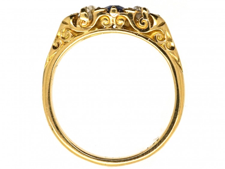 Victorian 18ct Gold, Sapphire & Diamond Three Stone Carved Half Hoop Ring