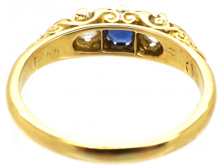 Victorian 18ct Gold, Sapphire & Diamond Three Stone Carved Half Hoop Ring