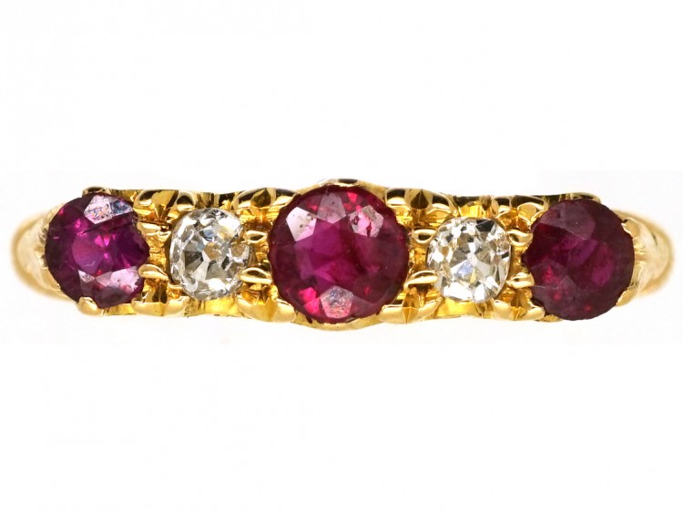 Edwardian 18ct Gold, Five Stone Burma Ruby & Diamond Ring