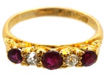 Edwardian 18ct Gold, Five Stone Burma Ruby & Diamond Ring