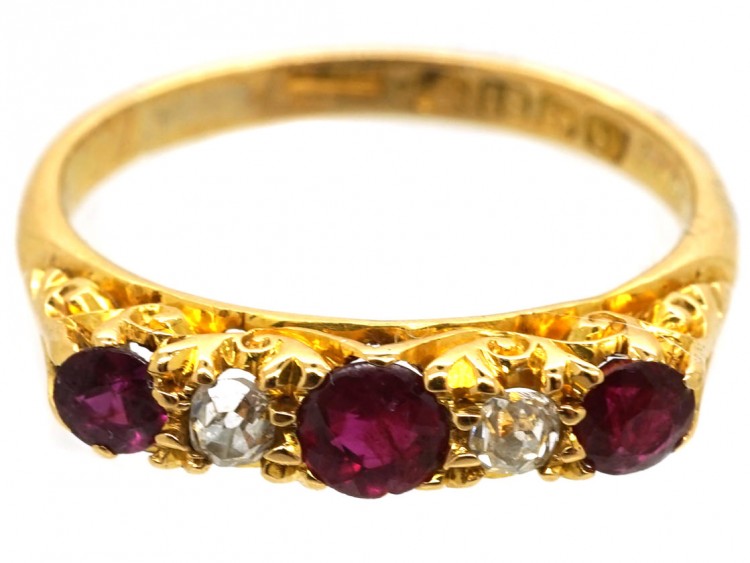Edwardian 18ct Gold, Five Stone Burma Ruby & Diamond Ring