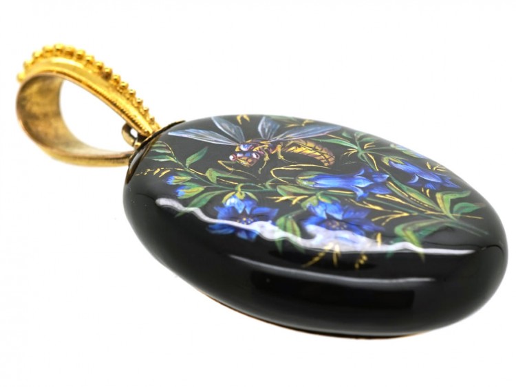 Victorian 18ct Gold & Silver Enamel Oval Pendant of a Bee & Harebells