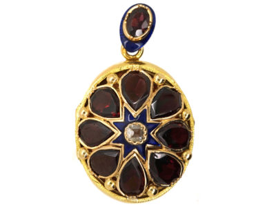 French 18ct Gold Locket Set With Garnets & a Diamond