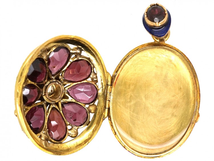 French 18ct Gold Locket Set With Garnets & a Diamond