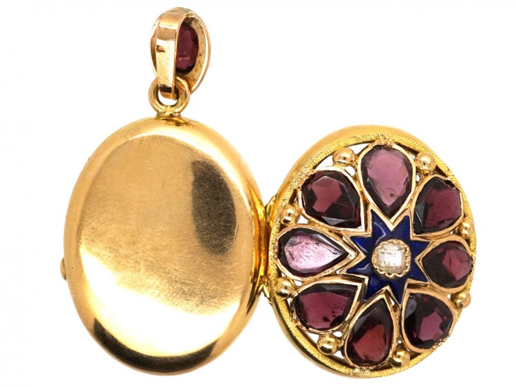 French 18ct Gold Locket Set With Garnets & a Diamond