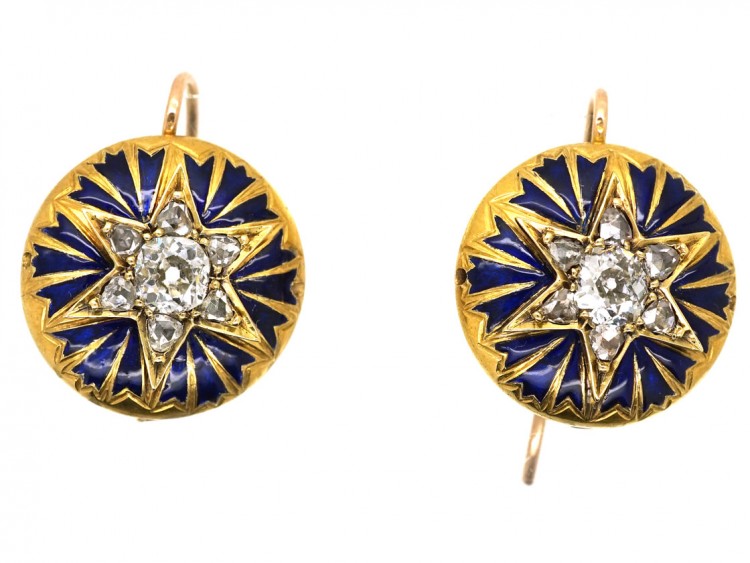 Victorian 18ct Gold Star Enamel & Diamond Round Earrings