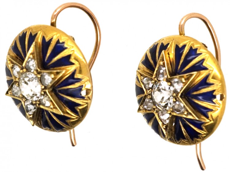 Victorian 18ct Gold Star Enamel & Diamond Round Earrings