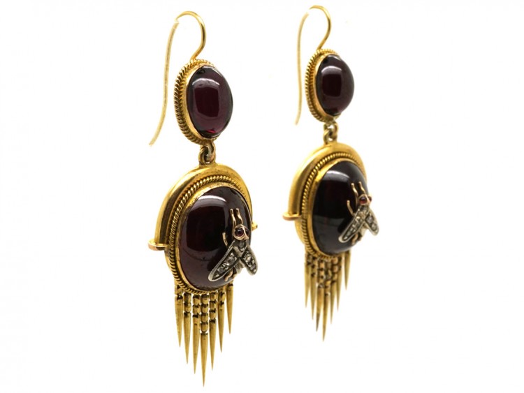 Victorian 15ct Gold Earrings Set With Cabochon Garnets & Diamond Set Flies