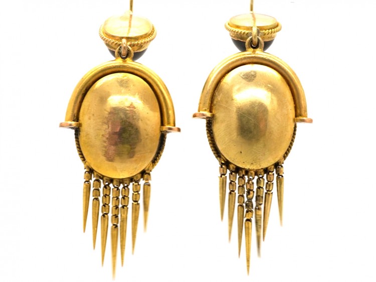 Victorian 15ct Gold Earrings Set With Cabochon Garnets & Diamond Set Flies
