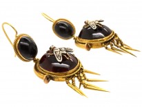 Victorian 15ct Gold Earrings Set With Cabochon Garnets & Diamond Set Flies