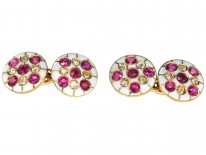 Edwardian 18ct Gold Diamond, Ruby & White Enamel Round Cufflinks
