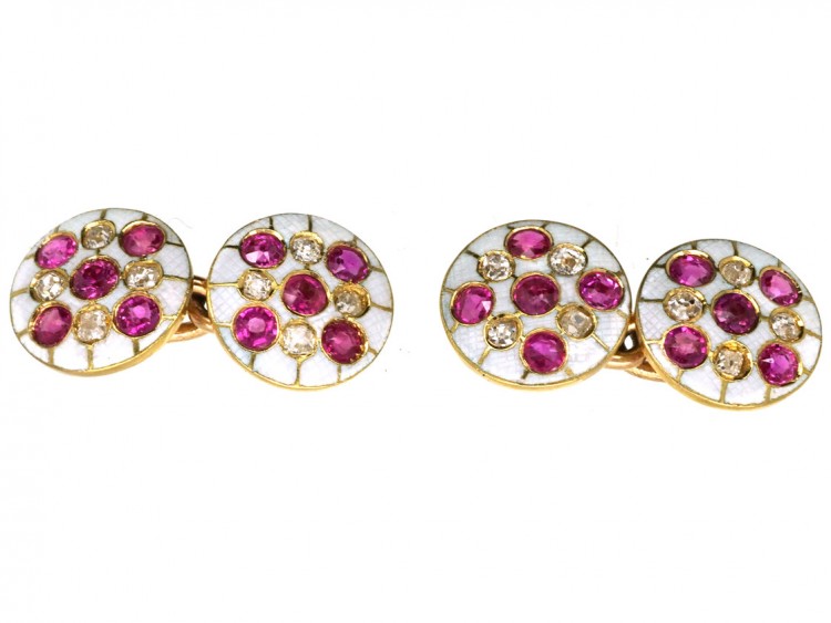 Edwardian 18ct Gold Diamond, Ruby & White Enamel Round Cufflinks