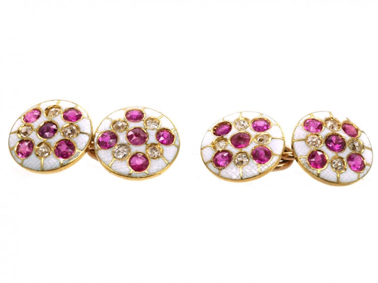 Edwardian 18ct Gold Diamond, Ruby & White Enamel Round Cufflinks