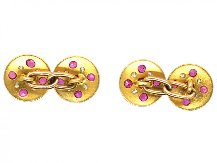 Edwardian 18ct Gold Diamond, Ruby & White Enamel Round Cufflinks