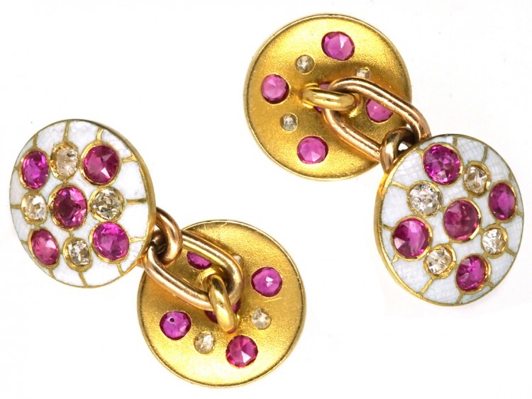 Edwardian 18ct Gold Diamond, Ruby & White Enamel Round Cufflinks
