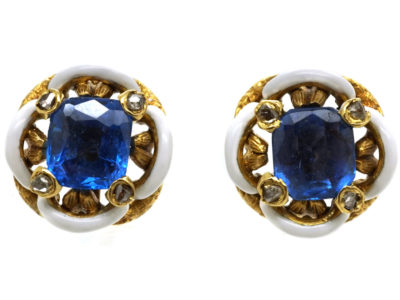 Edwardian Ceylon Sapphire, Rose Diamond & White Enamel Earrings