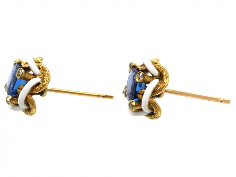 Edwardian Ceylon Sapphire, Rose Diamond & White Enamel Earrings