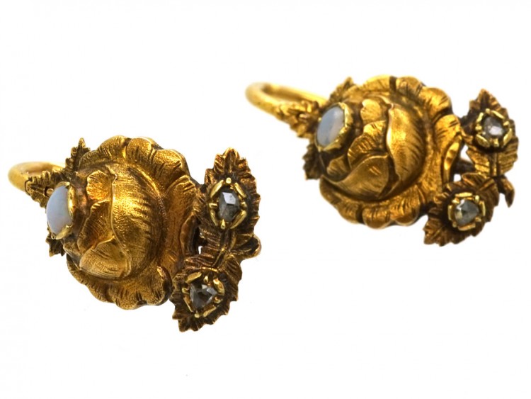French Regency 18ct Gold Rose Earrings Set With Opals & Rose Diamonds
