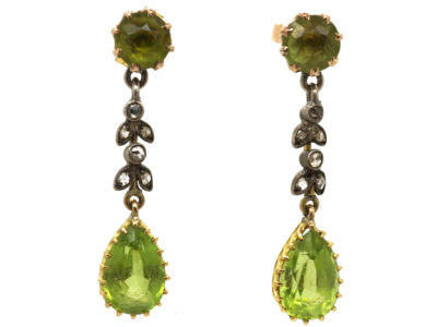 Edwardian 15ct Gold, Rose Diamond & Peridot Drop Earrings