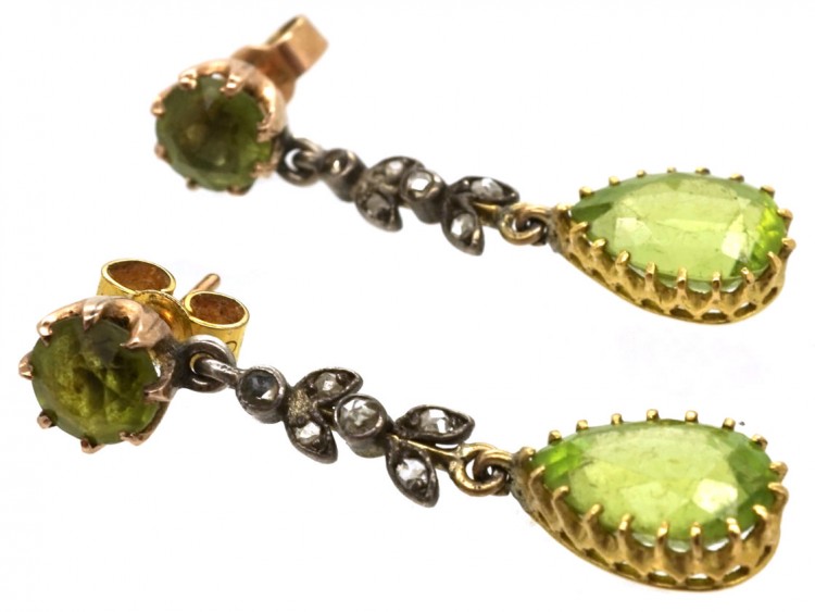 Edwardian 15ct Gold, Rose Diamond & Peridot Drop Earrings