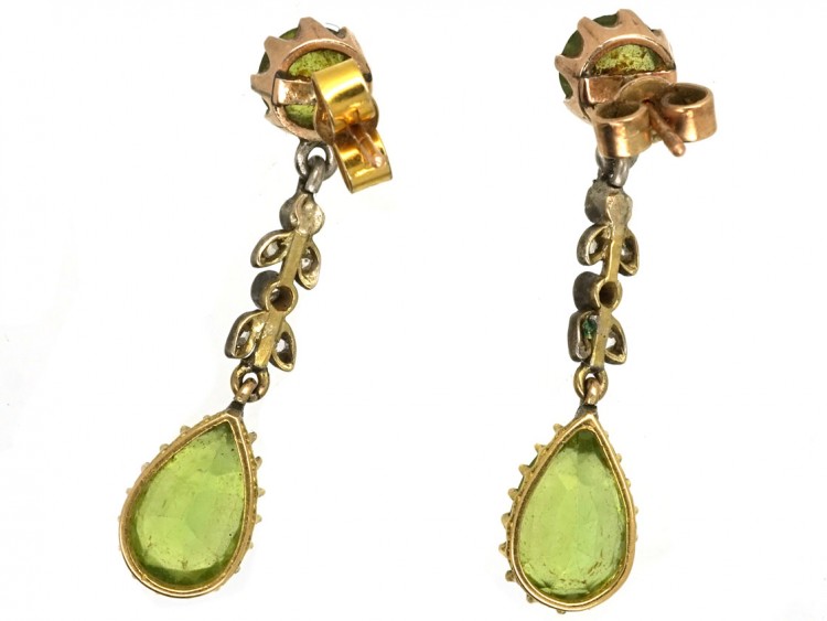 Edwardian 15ct Gold, Rose Diamond & Peridot Drop Earrings
