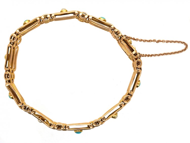 Edwardian 15ct Gold Gate Bracelet Set With Turquoise & Natural Split Pearls
