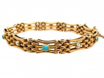 Edwardian 15ct Gold Gate Bracelet Set With Turquoise & Natural Split Pearls