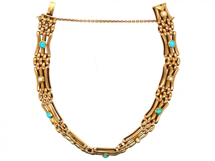 Edwardian 15ct Gold Gate Bracelet Set With Turquoise & Natural Split Pearls