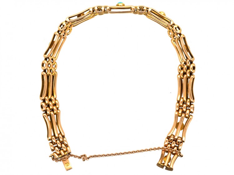Edwardian 15ct Gold Gate Bracelet Set With Turquoise & Natural Split Pearls
